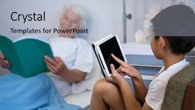  Presentation with using digital tablet - Slides featuring communication children illness - senior patient reading a book background and a  colored foreground