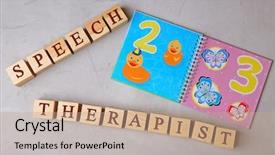  Presentation with oak wood texture and - Beautiful theme featuring communication children illness - wooden cubes and book backdrop and a coral colored foreground