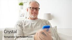  Presentation with information communication technology - Colorful PPT theme enhanced with communication concept - happy senior man backdrop and a soft green colored foreground