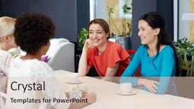  Presentation with women meeting - Beautiful presentation design featuring communication concept - happy young women backdrop and a lemonade colored foreground