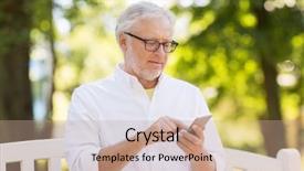  Presentation with communication - Slides having communication concept - senior man dial background and a coral colored foreground