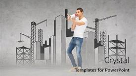  Presentation with communication - Colorful slides enhanced with communication concept - handsome man with megaphone over concrete wall backdrop and a light gray colored foreground