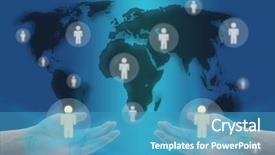  Presentation with hold hand - Slide set with communication concept with world map background and a teal colored foreground