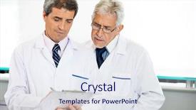  Presentation with hospital communication - Slide set enhanced with communication data - male technicians discussing over clipboard background and a sky blue colored foreground