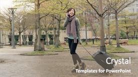  Presentation with asia street food - PPT theme with communication device - attractive asian woman holding suitcase background and a gray colored foreground