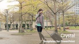  Presentation with asia street food - Presentation design featuring communication device - attractive asian woman holding suitcase background and a  colored foreground