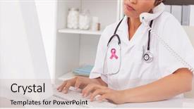  Presentation with breast cancer awareness month - Slides enhanced with communication device - breast cancer awareness message background and a  colored foreground