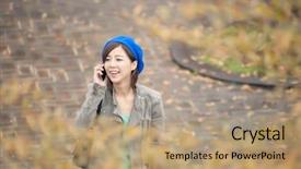  Presentation with lady - Presentation theme with communication device - cheerful asian lady talking background and a  colored foreground