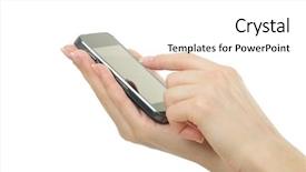  Presentation with communication - Slide deck enhanced with communication device - hand holding mobile phone background and a  colored foreground