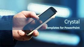  Presentation with phone - Slide set consisting of communication device - male hand touching screen phone background and a ocean colored foreground