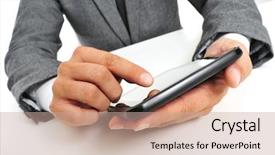  Presentation with tablets wood table tablet white - Colorful presentation design enhanced with communication device app - businessman sitting in a table backdrop and a coral colored foreground