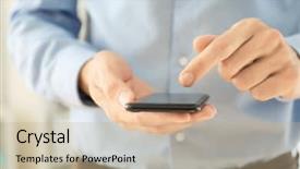  Presentation with phone - Theme consisting of communication device app - man using phone indoors closeup background and a  colored foreground