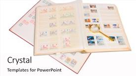  Presentation with magnifying glass - Colorful PPT theme enhanced with communication different cultures - stamp collection albums with magnifying backdrop and a sky blue colored foreground