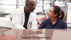  Presentation with apprentice - Theme with communication engineering - engineer advising female apprentice front background and a coral colored foreground