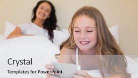  Presentation with cheerful stylish city girl using - Amazing slide deck having communication family - little girl using cellphone backdrop and a white colored foreground