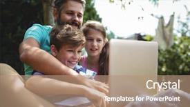  Presentation with family communication - Slides enhanced with communication family technology - happy father and kids using background and a coral colored foreground
