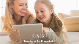  Presentation with using digital tablet - Audience pleasing PPT theme consisting of communication family technology - happy mother and daughter using backdrop and a coral colored foreground
