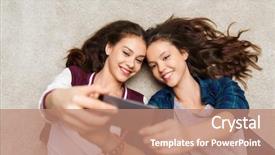  Presentation with teenage - Cool new theme with communication family technology - happy teenage girls on floor backdrop and a coral colored foreground