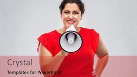  Presentation with feminism - Theme having communication feminism and human rights concept - happy woman in red dress speaking to megaphone over grey background background and a crimson colored foreground