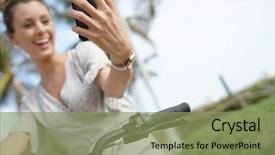  Presentation with selfie - Presentation theme enhanced with communication influence - gorgeous carefree young woman taking background and a seafoam green colored foreground