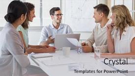  Presentation with office management - Colorful slide set enhanced with communication management - casual business team having backdrop and a light gray colored foreground