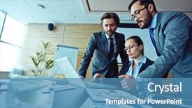  Presentation with three - Amazing slide deck having communication management - team of three workers looking backdrop and a teal colored foreground