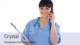  Presentation with speaking - Theme enhanced with communication medical staff - lady doctor speaking by telephone background and a  colored foreground