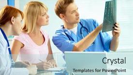  Presentation with exam results - PPT theme featuring communication medical staff - portrait of young doctor commenting background and a  colored foreground