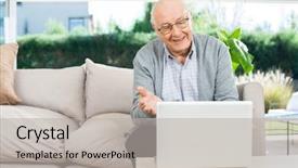  Presentation with video - Audience pleasing theme consisting of communication patient - happy senior man gesturing while backdrop and a light gray colored foreground