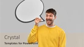  Presentation with young happy people smiling - PPT theme featuring communication-photo-booth-and-people background and a yellow colored foreground