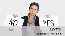  Presentation with decision - Slide set enhanced with communication problem - business young woman trying background and a light gray colored foreground