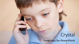  Presentation with sad child - Beautiful PPT theme featuring communication problem - child talking on the phone backdrop and a light blue colored foreground