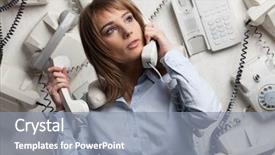  Presentation with stressed - Presentation theme having communication problem - stressed young businesswoman with telephones background and a gray colored foreground