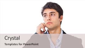  Presentation with cell - Amazing PPT theme having communication problem - young handsome businessman talking backdrop and a  colored foreground