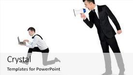  Presentation with 3d man business leader - Beautiful slide deck featuring communication steps types - business man screaming on megaphone backdrop and a white colored foreground