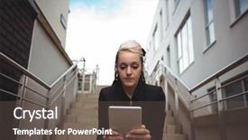  Presentation with using digital tablet - Slide set enhanced with communication steps types - businesswoman using digital tablet background and a  colored foreground