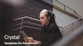  Presentation with using digital tablet - Slide set enhanced with communication steps types - businesswoman using digital tablet background and a  colored foreground