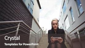  Presentation with mobile phone on car - Colorful presentation theme enhanced with communication steps types - businesswoman using mobile phone backdrop and a  colored foreground