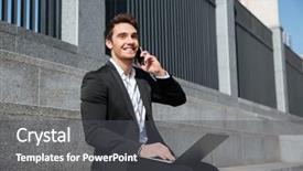  Presentation with 3d man sitting question mark - Cool new theme with communication steps types - cheerful man sitting with phone backdrop and a  colored foreground