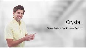  Presentation with man holding phone - Slide set having communication steps types - digital composite of smiling man background and a  colored foreground