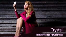  Presentation with phone - Colorful PPT layouts enhanced with communication steps types - fashionable woman with mobile phone backdrop and a  colored foreground