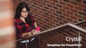  Presentation with walking - Presentation consisting of communication steps types - female student walking on staircase background and a  colored foreground