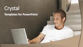  Presentation with stairway - PPT layouts consisting of communication steps types - happy caucasian man using laptop background and a  colored foreground