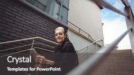  Presentation with digital claims - Beautiful presentation theme featuring communication steps types - portrait of businesswoman using digital backdrop and a  colored foreground