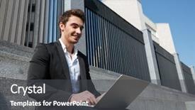  Presentation with smiling paramedic sitting in ambulance - Slide set consisting of communication steps types - smiling businessman working with laptop background and a  colored foreground