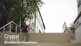  Presentation with using digital tablet - Beautiful slide deck featuring communication steps types - woman using digital tablet backdrop and a violet colored foreground