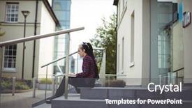  Presentation with campus safety - Audience pleasing slide set consisting of communication steps types - woman using laptop in office backdrop and a  colored foreground