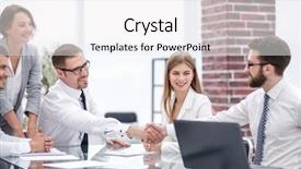  Presentation with banquet meeting - Cool new slide deck with communication taxes - handshake colleagues at a working backdrop and a white colored foreground