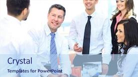  Presentation with five business people standing together and smiling - Slide set with communication management - business people working and discussing background and a light blue colored foreground