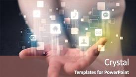  Presentation with application - PPT layouts with communication technology - blue social application icons background and a coral colored foreground